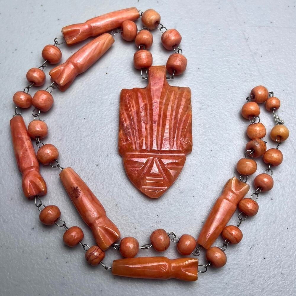 Mexican Orange Stone Carved Aztec Tiki Face Head Beaded Necklace Chunky Vintage